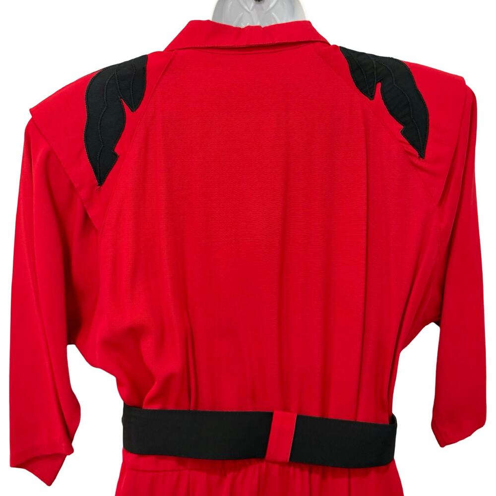 Vintage 80s Red Black Collared Belted Pleated Shoulder Pads Midi Dress size M - Picture 15 of 16